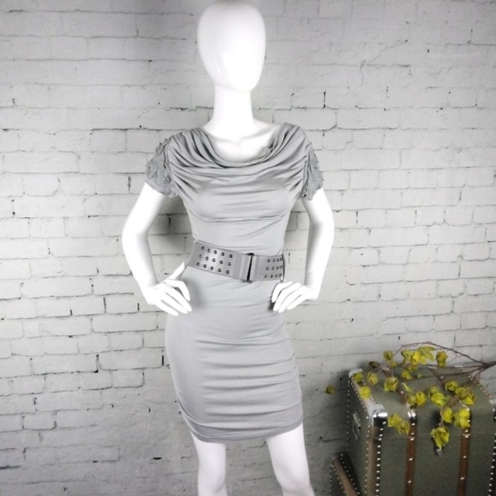 Lucy Paris Ruched Cowl Neck Belted Bodycon Dress Gry S/M